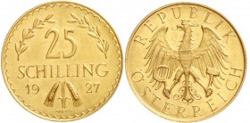 Gold der Habsburger Erblande und Österreichs, Österreich, 1. Republik, 1918-1938
25 Schilling 1927. 5,29 g. Feingold
fast Stempelglanz