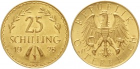 Gold der Habsburger Erblande und Österreichs, Österreich, 1. Republik, 1918-1938
25 Schilling 1928. 5,29 g. Feingold.
fast Stempelglanz