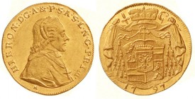Gold der Habsburger Erblande und Österreichs, Salzburg, Hieronymus Graf von Colloredo, 1772-1803
Dukat 1797 M. 3,48 g.
fast vorzüglich, Kratzer
