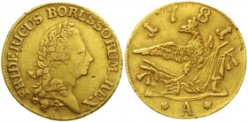Altdeutsche Goldmünzen und -medaillen, Brandenburg-Preussen, Friedrich II., 1740-1786
Friedrichs d`or 1781 A, Berlin. 6,60 g.
fast sehr schön, etwas...