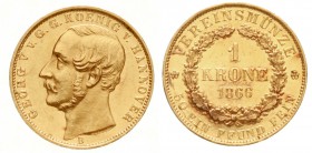 Altdeutsche Goldmünzen und -medaillen, Braunschweig-Calenberg-Hannover, Georg V., 1851-1866
Krone 1866. 11,10 g.
gutes vorzüglich