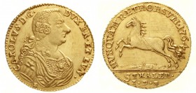 Altdeutsche Goldmünzen und -medaillen, Braunschweig-Wolfenbüttel, Karl I., 1735-1780
5 Taler 1764 E IDB, Braunschweig. 6,70 g.
gutes vorzüglich, win...