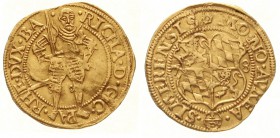 Altdeutsche Goldmünzen und -medaillen, Pfalz-Simmern, Richard, 1569-1598
Dukat 1578, Simmern. Mzm. Andreas Wachsmuth. 3,40 g.
sehr schön, Zainende