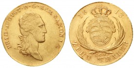Altdeutsche Goldmünzen und -medaillen, Sachsen-Albertinische Linie, Friedrich August I., 1806-1827
10 Taler (Doppel-August d'or) 1813 SGH. vorzüglich...