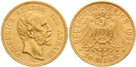 Reichsgoldmünzen, Anhalt, Friedrich I., 1871-1904
20 Mark 1896 A. vorzüglich/Stempelglanz, winz. Randfehler
