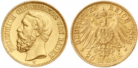 Reichsgoldmünzen, Baden, Friedrich I., 1856-1907
20 Mark 1894 G. vorzüglich/Stempelglanz, min. Randfehler