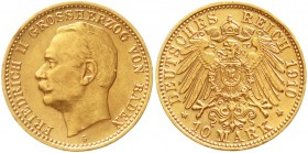 Reichsgoldmünzen, Baden, Friedrich II., 1907-1918
10 Mark 1910 G. gutes vorzüglich, winz. Randfehler