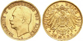 Reichsgoldmünzen, Baden, Friedrich II., 1907-1918
10 Mark 1913 G. vorzüglich/Stempelglanz, winz. Randfehler und prägebed. Randunebenheiten