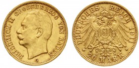 Reichsgoldmünzen, Baden, Friedrich II., 1907-1918
20 Mark 1911 G. vorzüglich