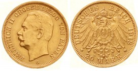 Reichsgoldmünzen, Baden, Friedrich II., 1907-1918
20 Mark 1913 G. vorzüglich