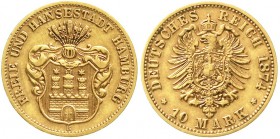 Reichsgoldmünzen, Hamburg
10 Mark 1874 B. Ohne Schildhalter, unten spitz.
sehr schön, selten