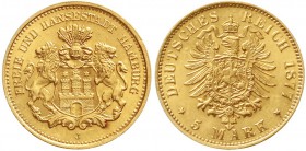 Reichsgoldmünzen, Hamburg
5 Mark 1877 J. prägefrisch/fast Stempelglanz