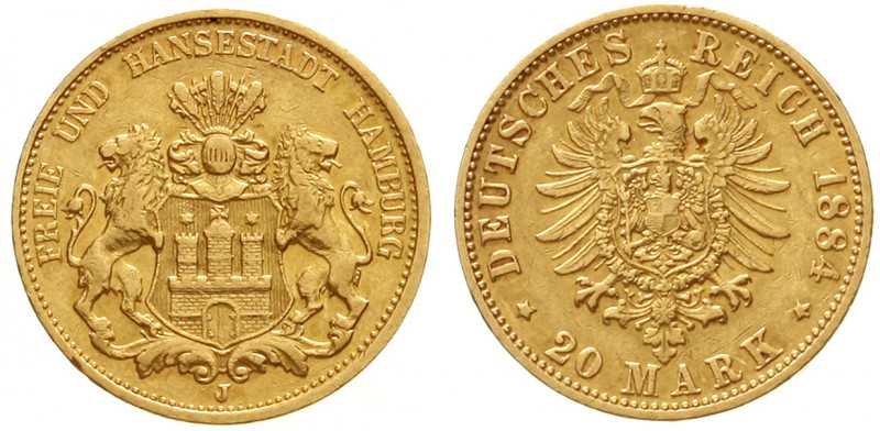 Reichsgoldmünzen, Hamburg
20 Mark 1884 J. sehr schön