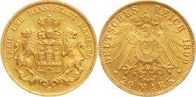 Reichsgoldmünzen, Hamburg
20 Mark 1899 J. vorzüglich/Stempelglanz
