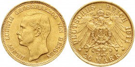 Reichsgoldmünzen, Hessen, Ernst Ludwig, 1892-1918
20 Mark 1911 A. gutes vorzüglich, kl. Kratzer und winz. Randfehler