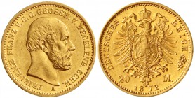 Reichsgoldmünzen, Mecklenburg/-Schwerin, Friedrich Franz II., 1842-1883
20 Mark 1872 A. vorzüglich/Stempelglanz, min. Randfehler, selten in dieser Er...