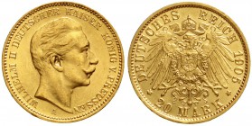 Reichsgoldmünzen, Preußen, Wilhelm II., 1888-1918
20 Mark 1905 A. fast Stempelglanz