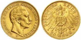 Reichsgoldmünzen, Preußen, Wilhelm II., 1888-1918
20 Mark 1905 J. Hamburg. fast vorzüglich, kl. Kratzer