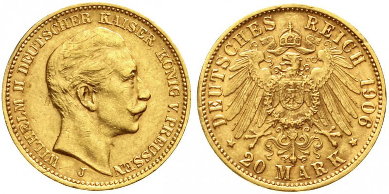 Reichsgoldmünzen, Preußen, Wilhelm II., 1888-1918
20 Mark 1906 J. Hamburg fast ...
