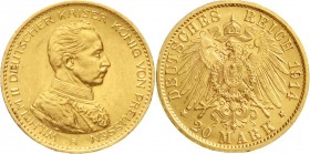 Reichsgoldmünzen, Preußen, Wilhelm II., 1888-1918
20 Mark 1914 A. Kaiser in Uniform.
vorzüglich/Stempelglanz
