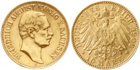 Reichsgoldmünzen, Sachsen, Friedrich August III., 1904-1918
10 Mark 1906 E gutes vorzüglich, kl. Schrötlingsfehler am Rand