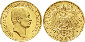 Reichsgoldmünzen, Sachsen, Friedrich August III., 1904-1918
10 Mark 1912 E. Seltenes Jahr.
prägefrisch. winz. Randfehler