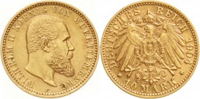 Reichsgoldmünzen, Württemberg, Wilhelm II., 1891-1918
10 Mark 1904 F. vorzüglich