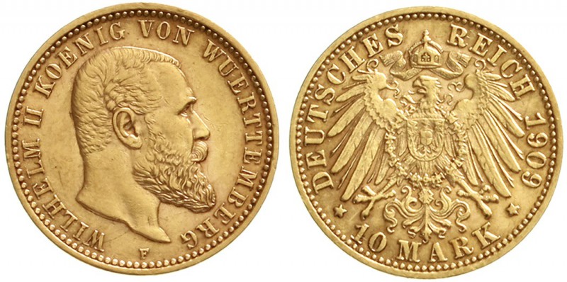 Reichsgoldmünzen, Württemberg, Wilhelm II., 1891-1918
10 Mark 1909 F. vorzüglic...