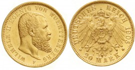 Reichsgoldmünzen, Württemberg, Wilhelm II., 1891-1918
20 Mark 1905 F. vorzüglich/Stempelglanz