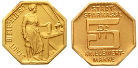 Notmünzen aus Gold, Bielefeld
GOLD-Abschlag vom 5 Pfennig-Stück 1917. 18,1 mm, 3,24 g.
Stempelglanz, von größter Seltenheit
