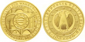 Goldmünzen der Bundesrepublik Deutschland, Euro, Gedenkmünzen, ab 2002
100 Euro 2002 D, Währungsunion. 1/2 Unze Feingold. In Originalschatulle mit Ze...