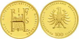 Goldmünzen der Bundesrepublik Deutschland, Euro, Gedenkmünzen, ab 2002
100 Euro 2003 J, Quedlinburg. 1/2 Unze Feingold. In Originalschatulle mit Zert...