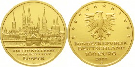 Goldmünzen der Bundesrepublik Deutschland, Euro, Gedenkmünzen, ab 2002
100 Euro 2007 G, Lübeck. 1/2 Unze Feingold. In Originalschatulle mit Zertifika...