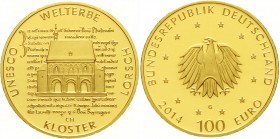 Goldmünzen der Bundesrepublik Deutschland, Euro, Gedenkmünzen, ab 2002
100 Euro 2014 G Kloster Lorsch. 1/2 Unze Feingold. In Originalschatulle mit Ze...