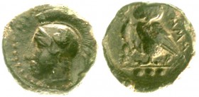 Altgriechische Münzen, Sizilien, Kamarina
Bronze Tetras 410/405 v. Chr. Kopf der Athena mit Helm n.l./Eule steht mit Eidechse n.l., Kopf v.v., dahint...