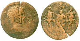 Provinzialrömische Münzen, Kilikien, Seleukia am Kalykadnos, Caracalla 198-217
Tetrassarion. Brb. r., Gegenstempel Delta (Howgego 670)/Dionysos auf T...