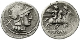Römische Münzen, Römische Republik, Anonym 211-130 v. Chr
Denar nach 211 v. Chr. Romakopf r., daneben X/Die Dioskuren zu Pferd r., darunter Tablett m...