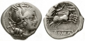 Römische Münzen, Römische Republik, Anonym 211-130 v. Chr
Denar 157/156 v. Chr. Romakopf r./Victoria in Biga.
fast sehr schön