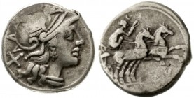 Römische Münzen, Römische Republik, D. Flavius, 150 v.Chr.
Denar 150 v.Chr. Romakopf r./Luna in Biga r.
fast sehr schön