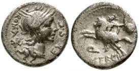 Römische Münzen, Römische Republik, M. Sergius Silus, 116/115 v. Chr.
Denar 116/115 v. Chr. Romakopf mit Greifenkopfhelm r./Silus galoppiert n. l., i...