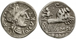 Römische Münzen, Römische Republik, Q. Curtius + M. Silanus, 116/115 v.Chr.
Denar 116/115 v.Chr. Romakopf mit Flügelhelm n.r., dah. X, davor Q CURT/J...