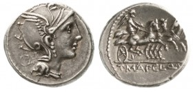 Römische Münzen, Römische Republik, T. Mallius + AP. C. Pulcher + Q. Urbinius, -111/110
Denar 111/110 v.Chr. Romakopf r./Victoria in Triga r.
vorzüg...
