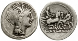 Römische Münzen, Römische Republik, T. Mallius + AP. C. Pulcher + Q. Urbinius, -111/110
Denar 111/110 v.Chr. Romakopf r./Victoria in Triga r.
schön/...