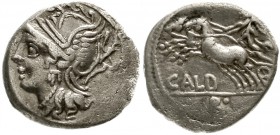 Römische Münzen, Römische Republik, C. Coilius Caldus, 104 v.Chr.
Denar 104 v.Chr. Romakopf l./C.COIL. CALD. Victoria in Biga l., im Abschnitt R.
se...