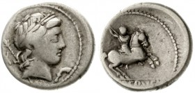 Römische Münzen, Römische Republik, P. Crepusius, 82 v.Chr.
Denar 82 v.Chr. Apollokopf r. /P. CREPVSI. Reiter r.
fast sehr schön, etwas dezentriert...
