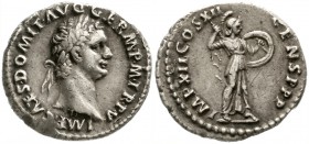 Römische Münzen, Kaiserzeit, Domitian, 81-96
Denar 87/88. Bel. Kopf r./IMP XII COS XII CENS P PP. Minerva steht r.
sehr schön, kl. Schabspur