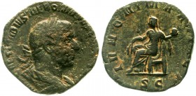 Römische Münzen, Kaiserzeit, Trebonianus Gallus, 251-253
Sesterz 251/253. Bel., drap. Brb. r./IVNONI MARTIALI SC. Juno sitzt l.
fast sehr schön, etw...