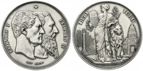 Ausländische Münzen und Medaillen, Belgien, Leopold II., 1865-1909
(5 Francs) Silber 1880 auf 50 J. Verfassung.
vorzüglich/Stempelglanz, berieben