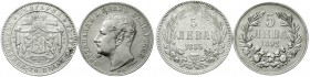 Ausländische Münzen und Medaillen, Bulgarien, Lots
2 Stück: 5 Lewa 1885 und 1892. sehr schön, gereinigt