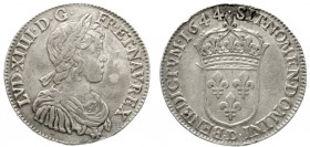 Ausländische Münzen und Medaillen, Frankreich, Ludwig XIV., 1643-1715
1/2 Ecu à la meche court 1644 D, Lyon. 13,25 g.
sehr schön, etwas Belag, kl. R...